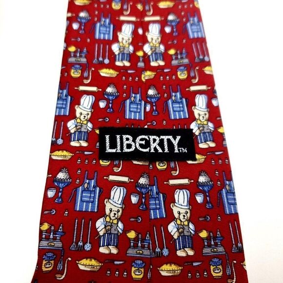 Liberty Of London Silk Tie Novelty  Print Chef Bear Red - Picture 3 of 6